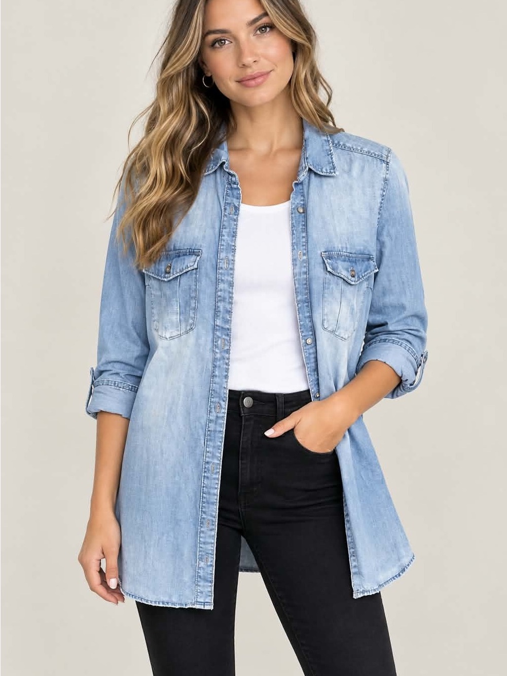 H&M-&Denim Brand Light Blue Denim Button-Down Shirt